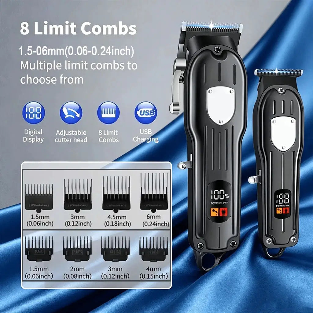 Hair Clipper Set | LCD Display | Cordless USB Rechargeable | 8 Guide Combs