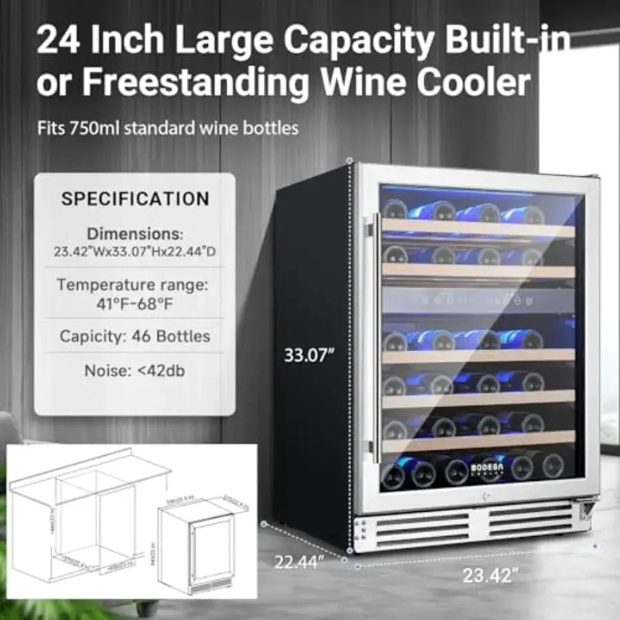 24 Inch Wine Cooler for Home/Kitchen/Office/Bar: 46-Bottle Dual Zone Fridge, Stainless Steel, Black, Built-in Compressor with A from PriceLows™