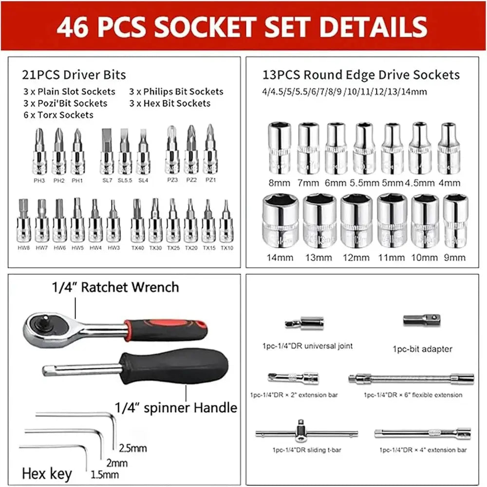 46PCS Motorcycle Toolbox Set Drive Socket Ratchet Wrench Set Complete Car Repairing Kit For Auto And Bicycle Maintenance Tools from PriceLows™