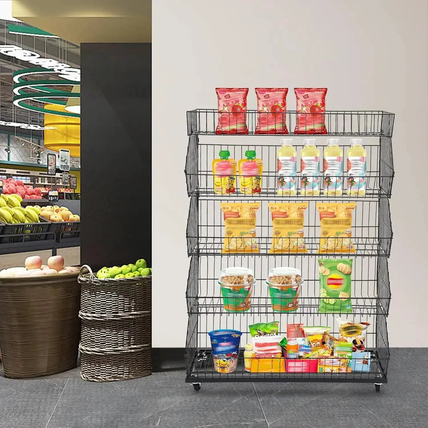 5 Tier Large Wire Metal Mobile Supermarket Storage Shelf,Fruit Vegetable Snack Supply Basket for Home Store Market from PriceLows™