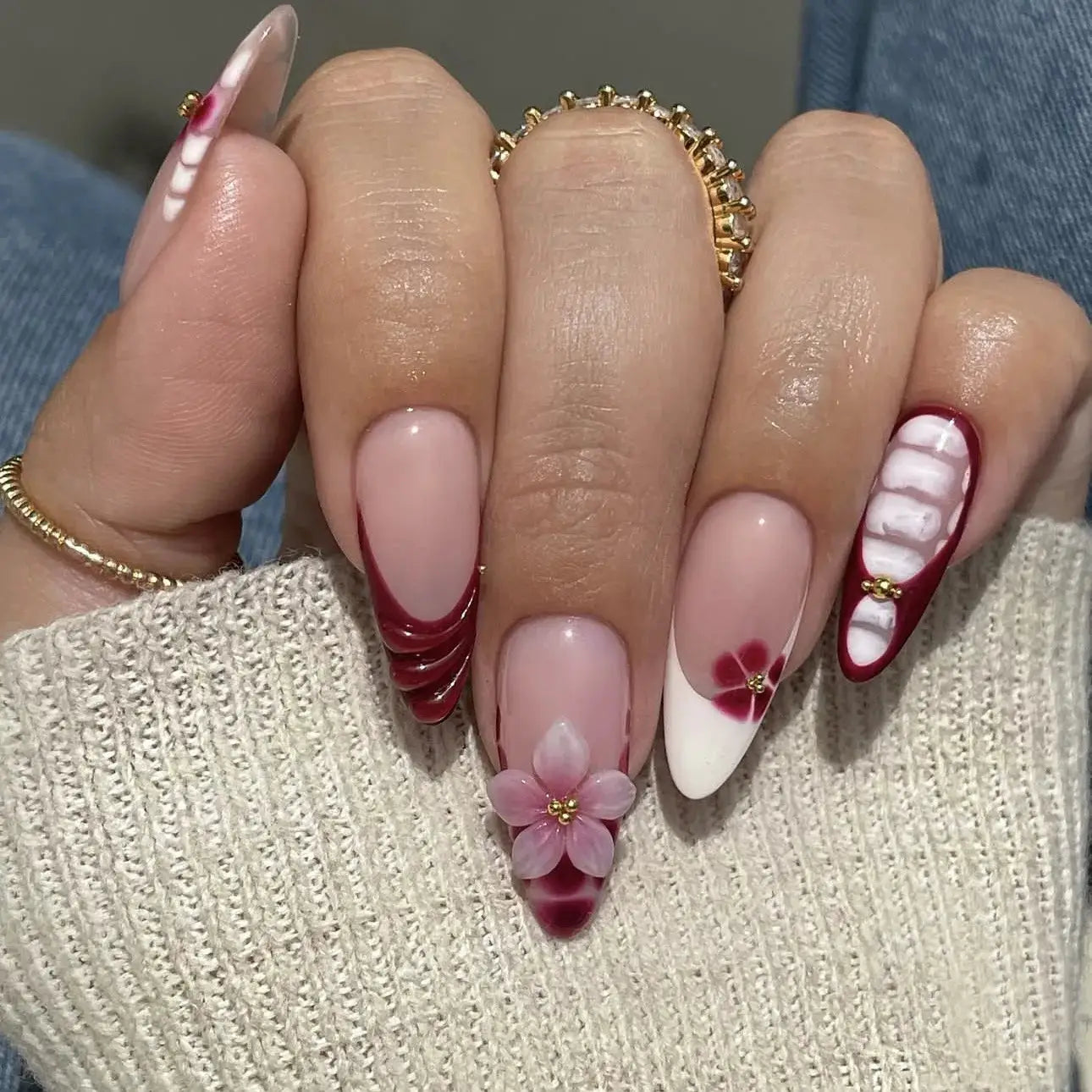 Almond Press On Nails | Acrylic Finish | Pearl Flower Design | 24 Piece Set