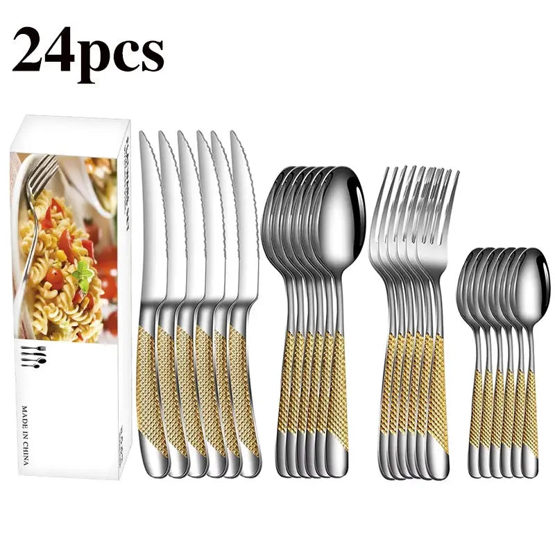 24pcs stainless steel tableware set, including knife, fork, spoon and dessert spoon, is a good holiday gift. from PriceLows™