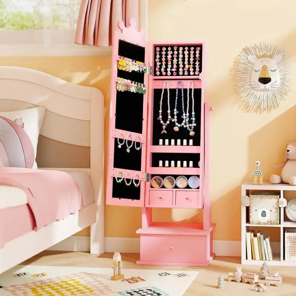 Children's Jewelry Armoire with Full-Length Mirror, 64 Ring Holders, Standing Storage Organizer for Girls, Pink from PriceLows™