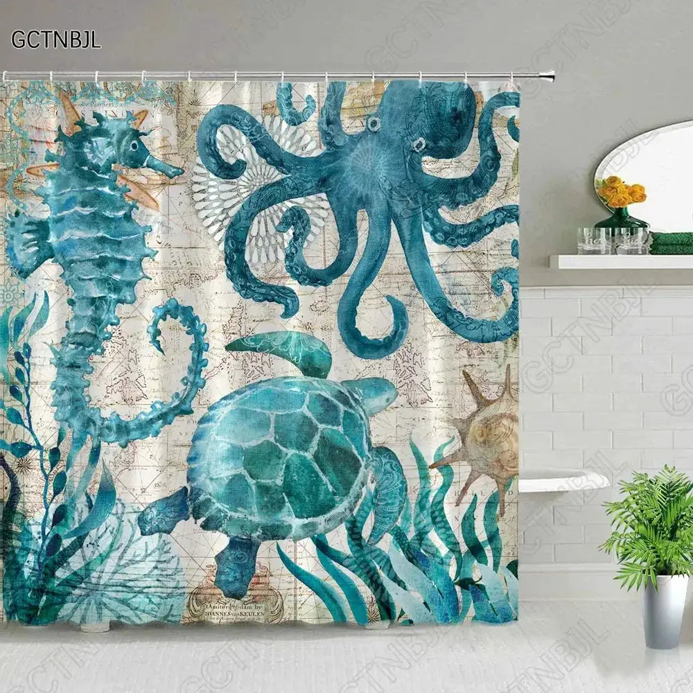 Colorful Cartoons Fish Shark Shower Curtains Ocean Life Children's Bathroom Home Decor Cloth Curtain Set Waterproof Bath Screens from PriceLows™