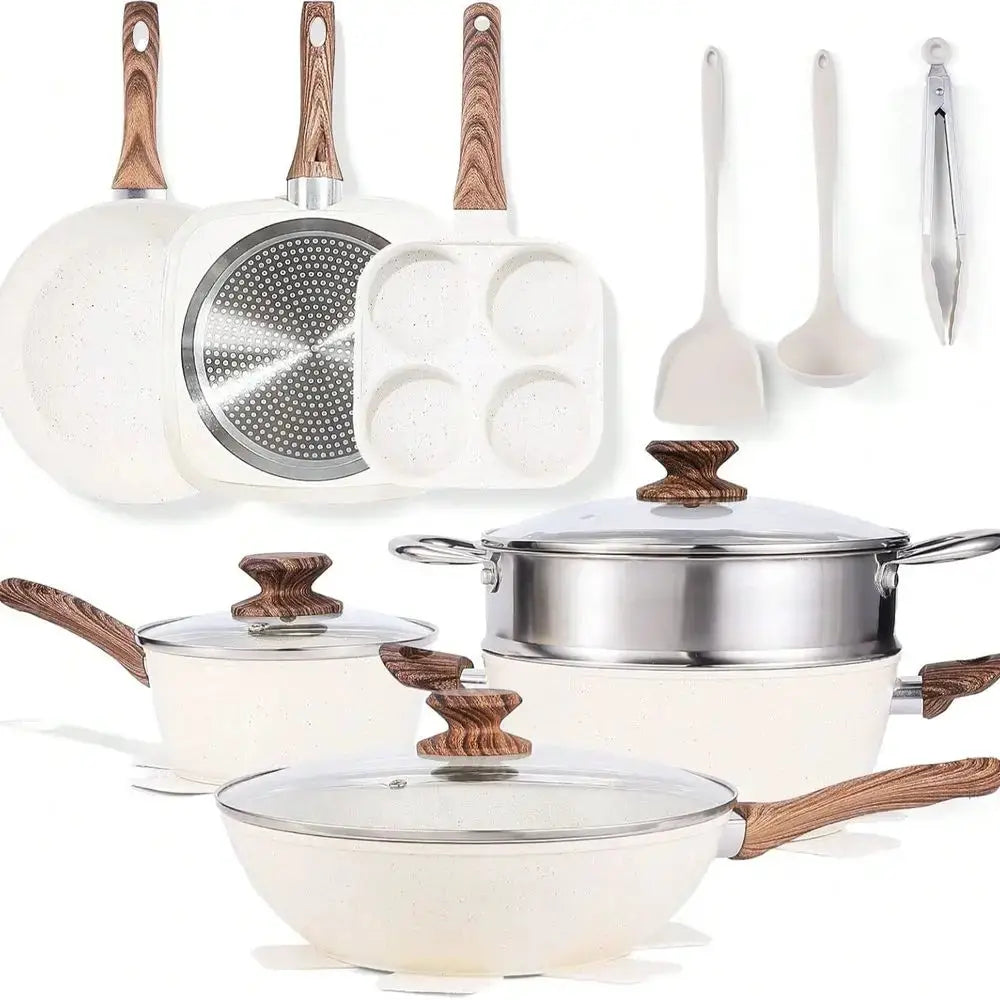 17 Pcs Pots And Pans, Kitchen Cooking Set With StayCool Handles,Kitchen Induction Cookware Suit With Detachable Handle, Beige from PriceLows™