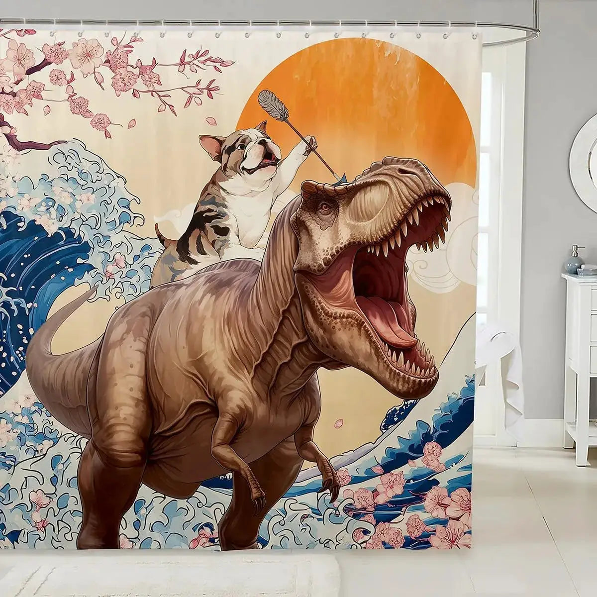 Japanese Style Shower Curtain Fun Dog Dragon Waterproof Bathroom Curtain for Kids Children, Sea Ocean Wave Bath Curtain Kawaii from PriceLows™