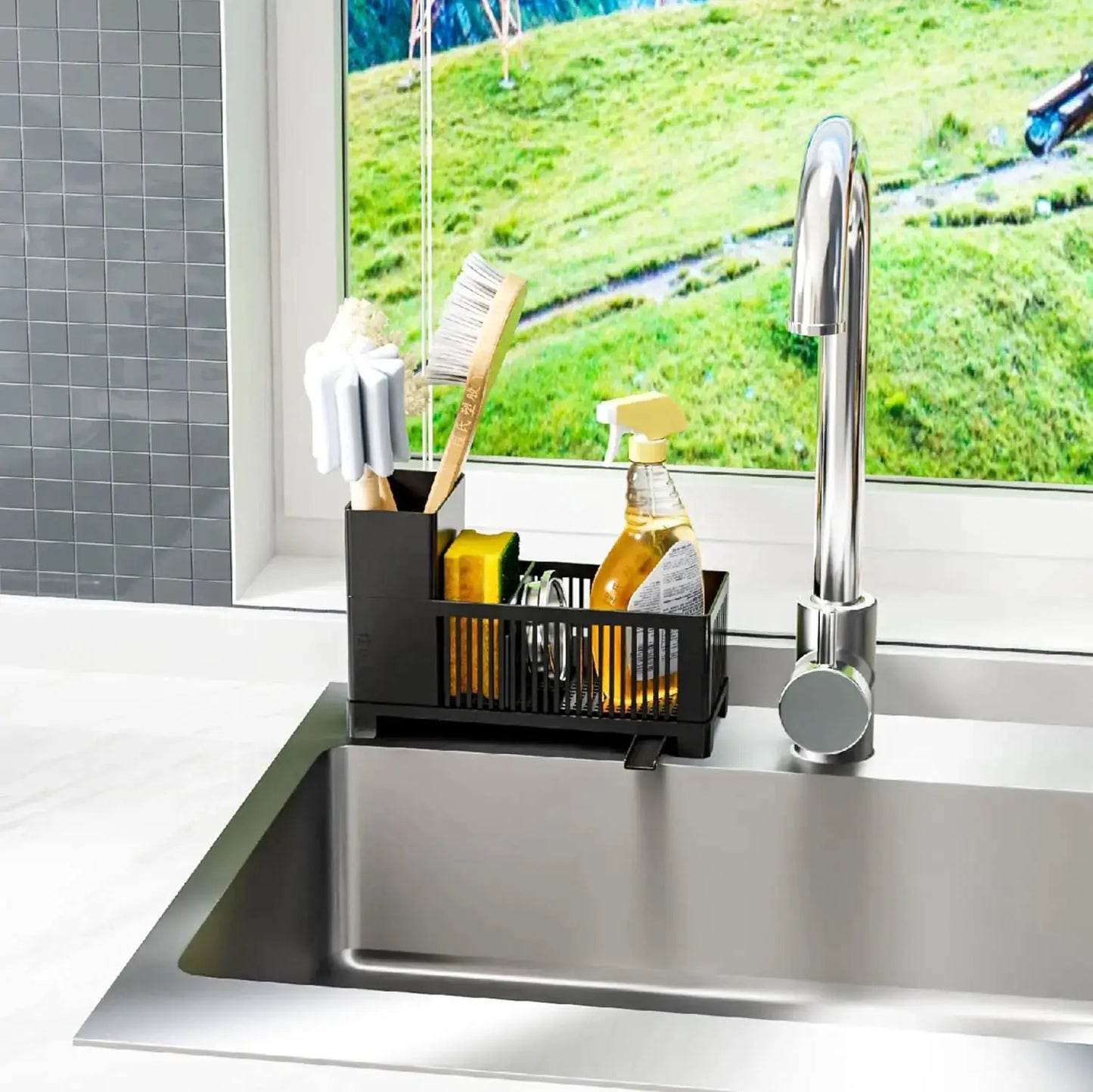 Multifunctional Kitchen Sink Organizer Caddy - Sponge Holder, Scrub Brush Rack, Soap Dispenser, Black Plastic, Rustproof for Countertop from PriceLows™