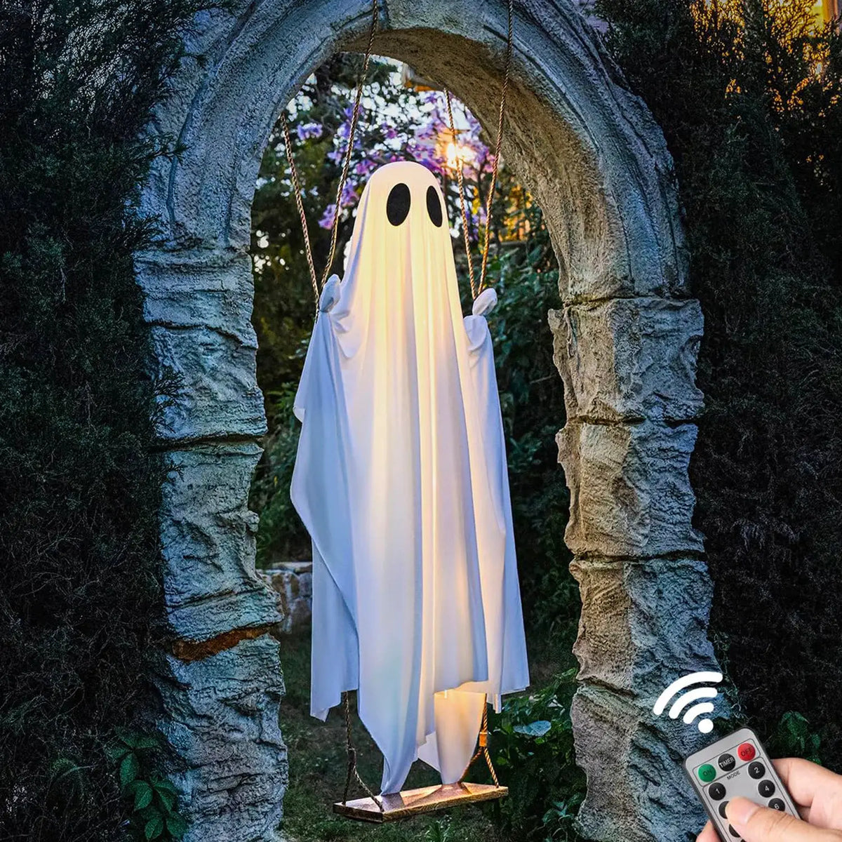 Hanging Ghost Halloween Ornament | Silk Fabric | String Light | Porch Decor