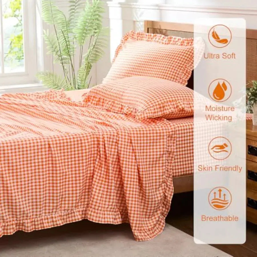 Gingham Sheet Set Lightweight Super Soft Brushed Microfiber Plaid Fall Bed Sheets with 16" Deep Pocket 4 Pcs Ruffle Farmhouse B from PriceLows™