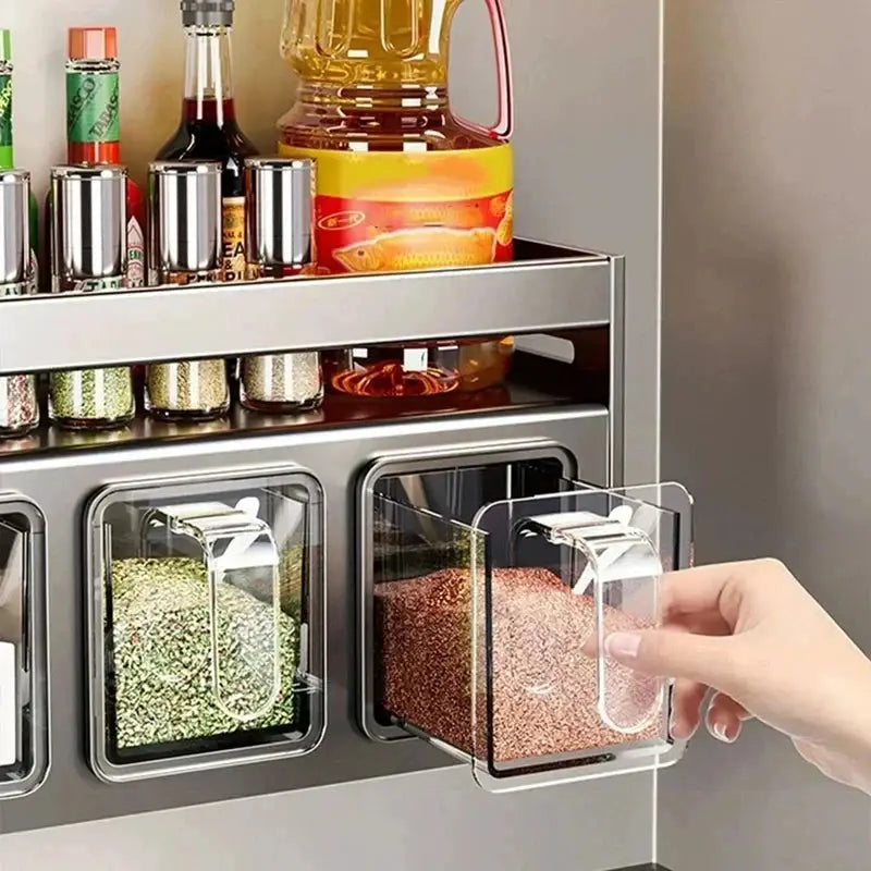 Wall Mounted Double Layer 4 Grids Stainless Steel Spice Rack Grey Kitchen Seasoning Organizer for Jars Bottles Pantry from PriceLows™