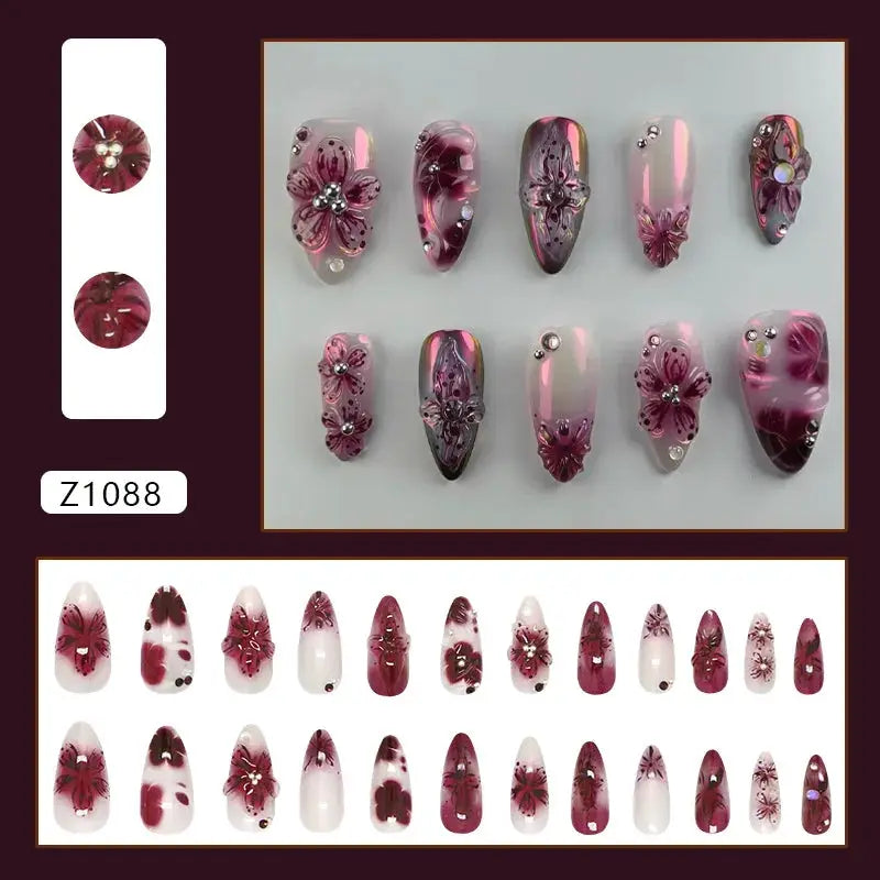 Press On Nails | Wine Red Blush | Flower Print | 24 Piece Set