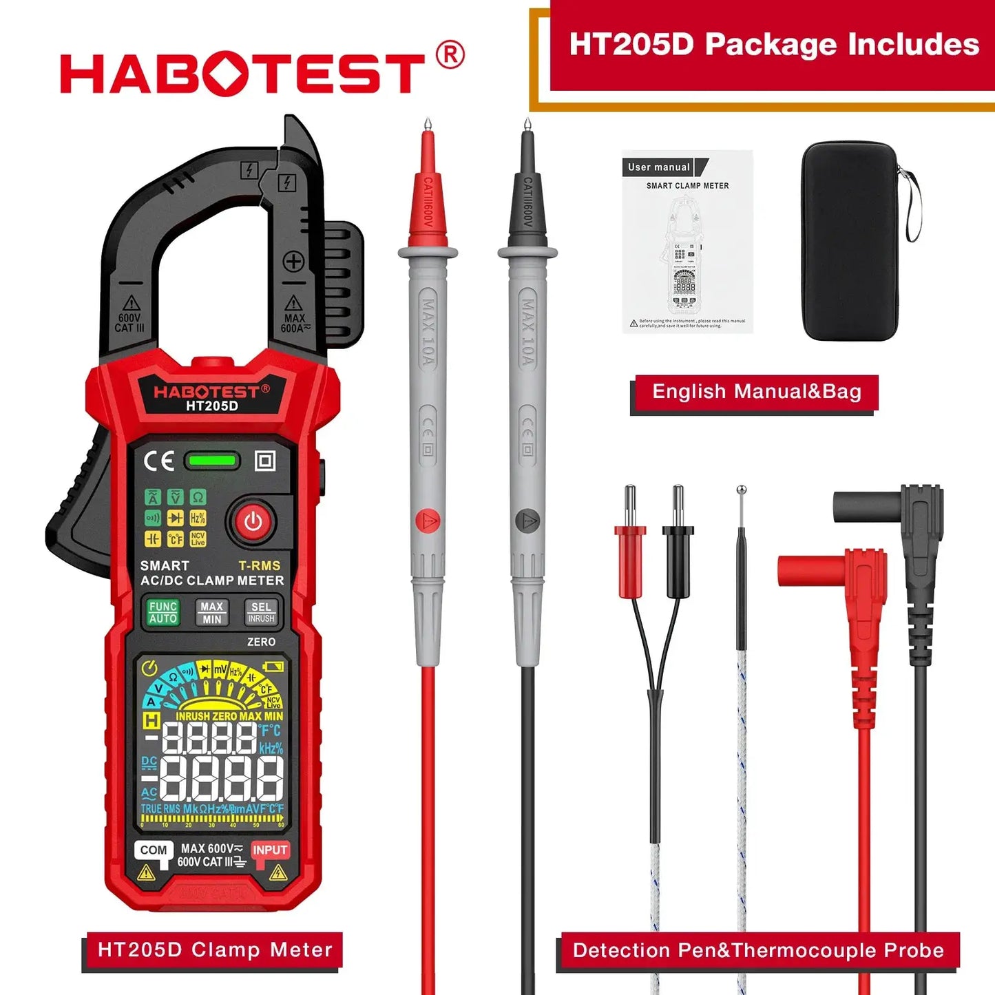 HABOTEST HT205 Clamp Meter 600A True RMS AC/DC Current Amp Meter Measures Current Voltage Temperature Capacitance Ohm Tester from PriceLows™