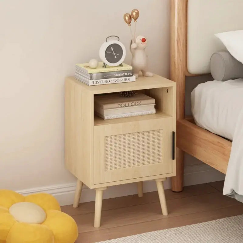 22.83'' Oak Wood Nightstand with Door and Open Shelf, Solid Wood Legs, Compact Bedroom Side Table for Dorm and Small Spaces from PriceLows™