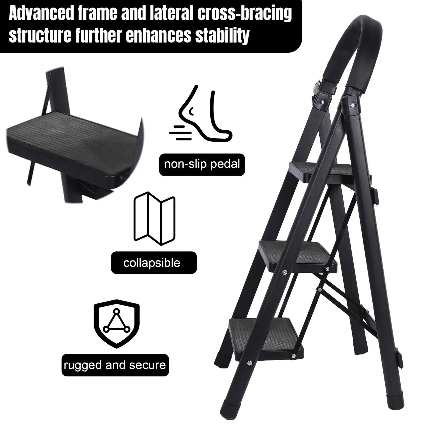 3 Step Folding Ladder Sturdy Steel Ladder 330lbs Capacity Sturdy& Portable Stepping Stools for RV Attic Daily Use at Home from PriceLows™