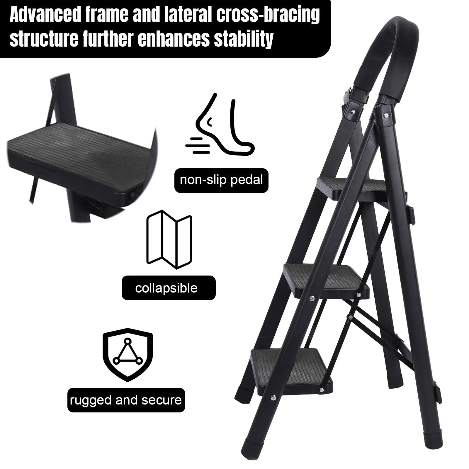 3 Step Folding Ladder Sturdy Steel Ladder 330lbs Capacity Sturdy& Portable Stepping Stools for RV Attic Daily Use at Home from PriceLows™
