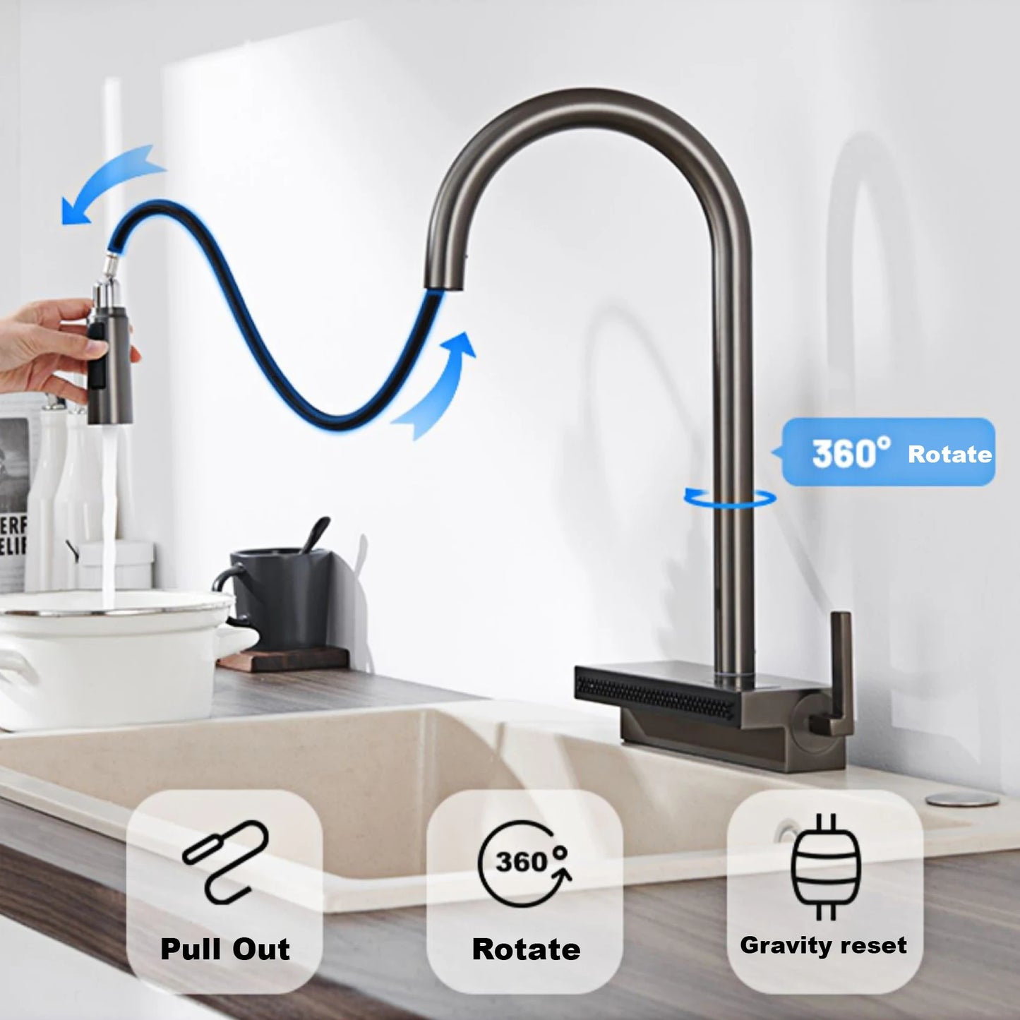 Kitchen Faucet | Gunmetal Brass Finish | Pull Out 2 Modes | 1 Hole Deck Mounted