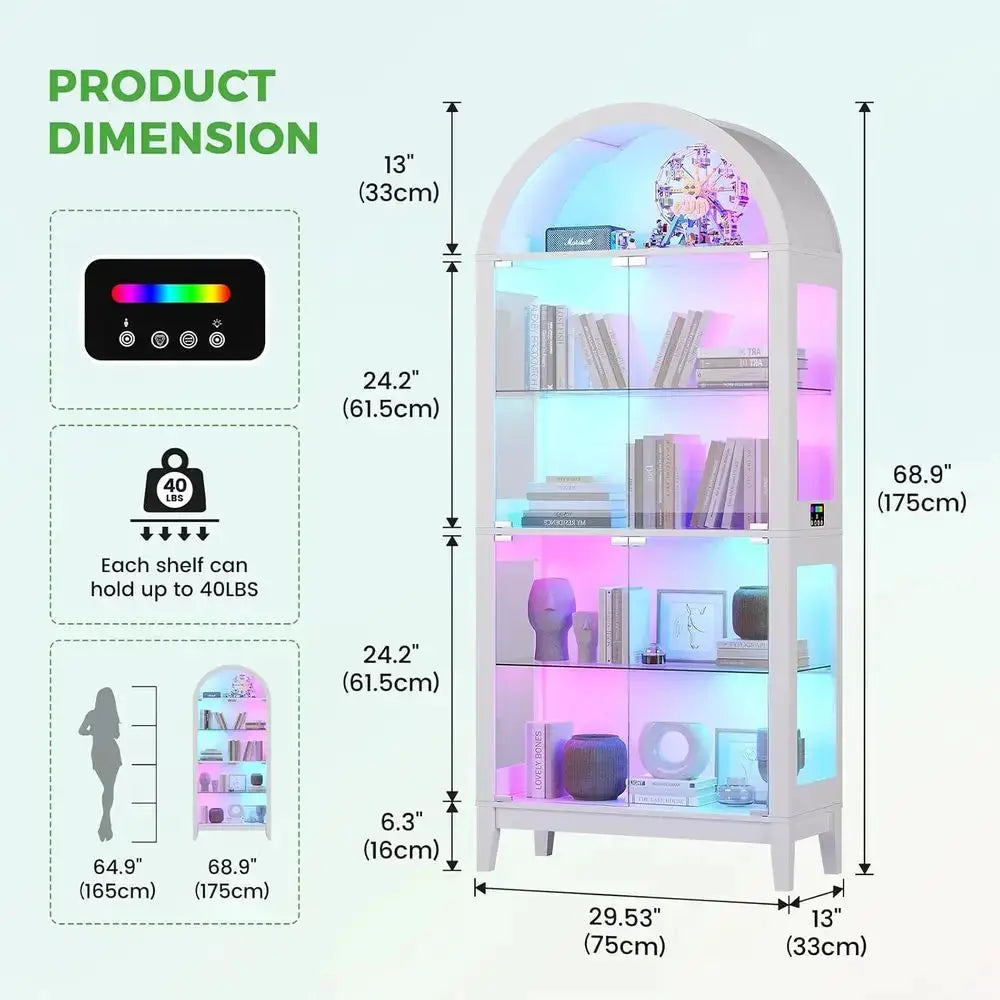 Illuminated Arched Glass Door Bookcase with 9-Cube Storage, 69 Tall, Music-Synced RGB Lights for Living & Bedroom (White) from PriceLows™