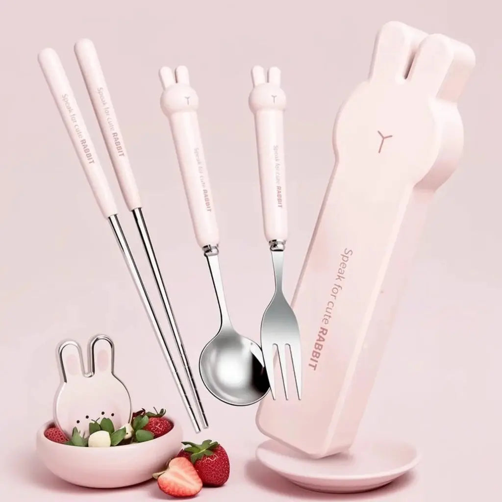 3/4PCS Cute Portable Dinnerware Set Reusable 304 Stainless Steel Fork Spoon Chopsticks With Box Cutlery For Kid Student from PriceLows™
