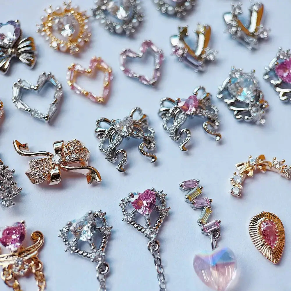 10pcs Valentine's Day Pink Love Heart Ribbon Zircon Metal Nails Jewelry Decorations Nail Art Accessories Charms Parts Supplies from PriceLows™