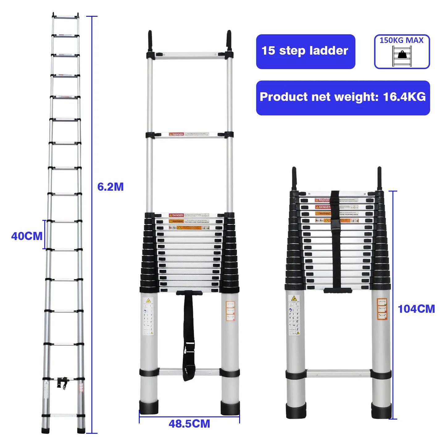 BRIEFNESS 6.2M/20.3FT Multi-Purpose Aluminium Telescopic Ladder W/Detachable Hooks&Extendable Steps,load capacity 150kg,No-slip from PriceLows™