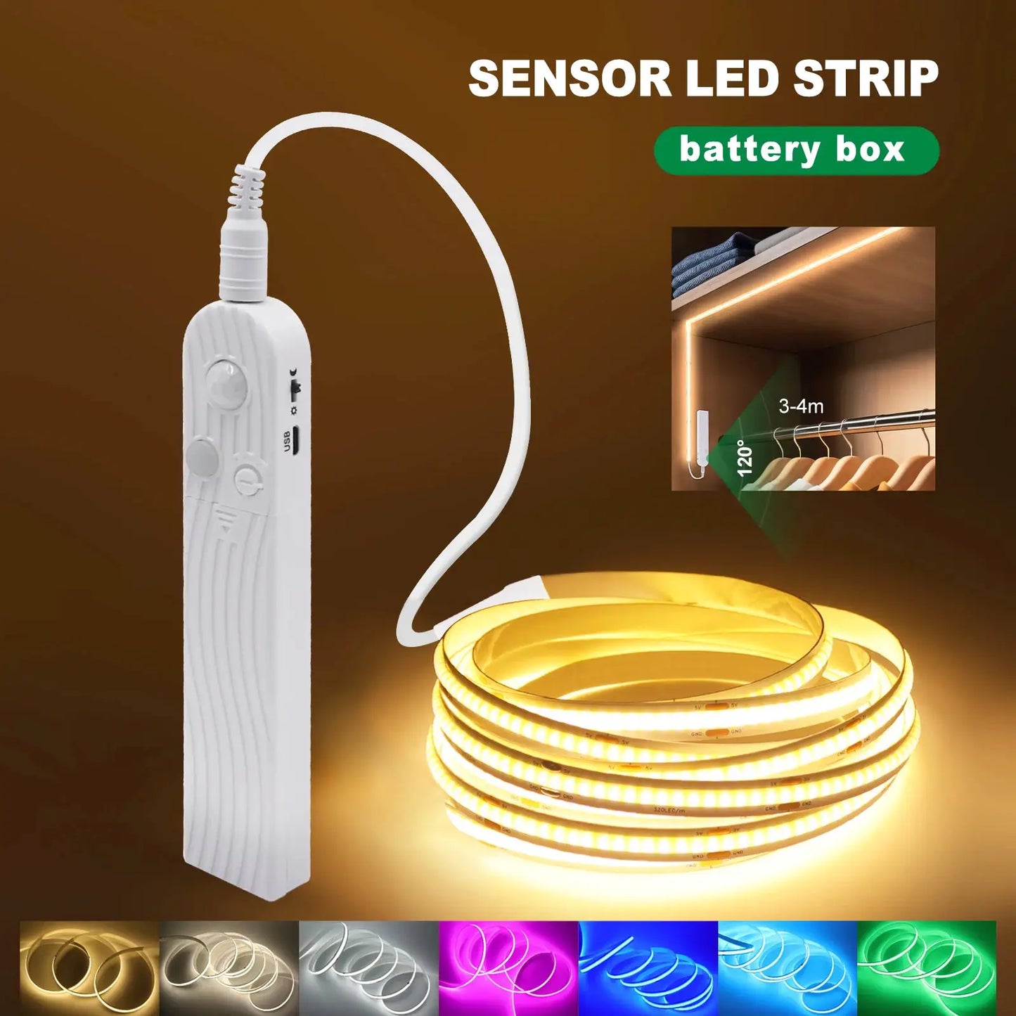 Battery Powered 5V 8mm COB LED Strip Light with Motion Sensor 320LEDs/M DIY Backlight White Red Blue Green Pink Night Light from PriceLows™