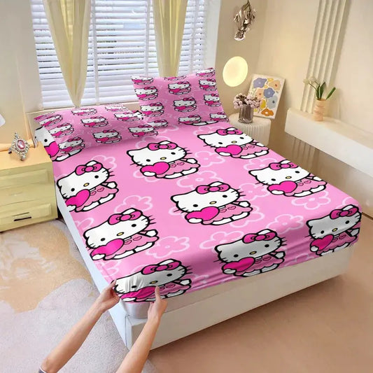 3Pcs Kawaii Hello Kitty Fitted Sheet Set With 2 Pillowcases Pink Bed Sheet Soft Deep Pocket Bedding For Girls Bedroom Decor from PriceLows™