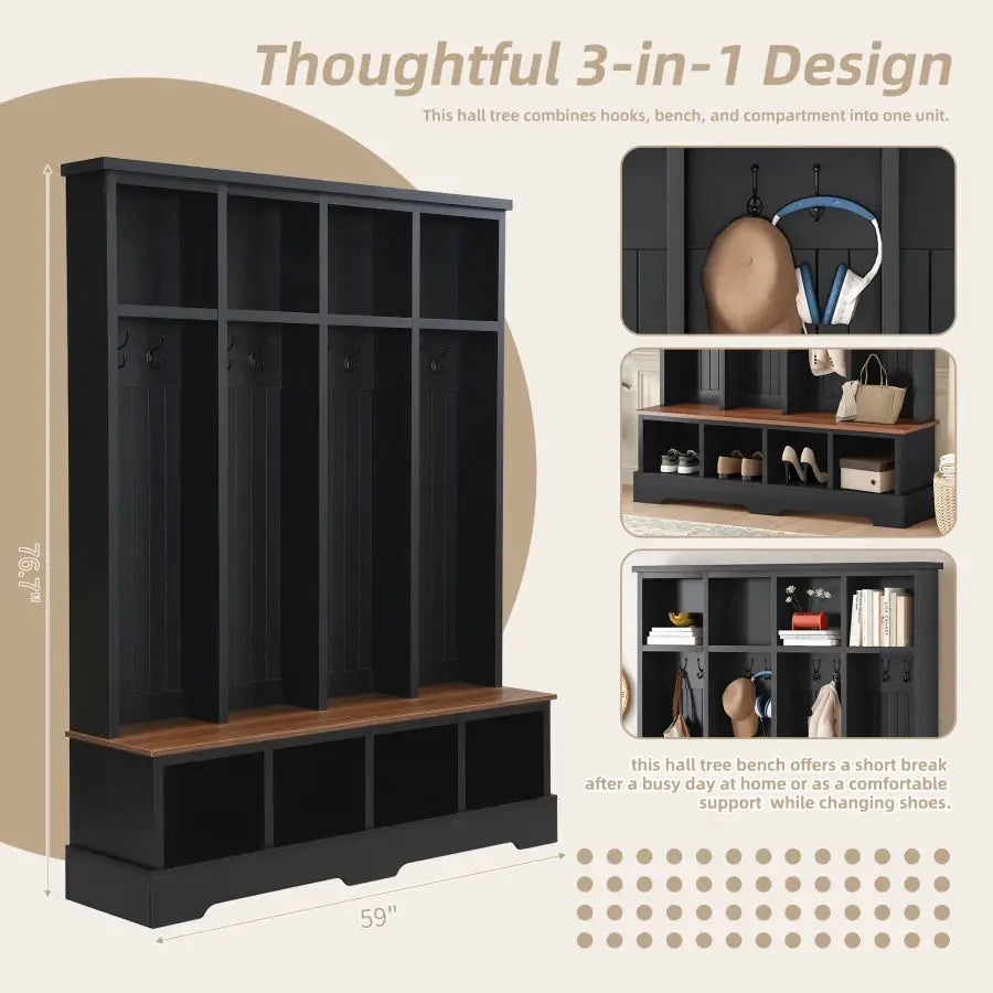 Farmhouse Hall Tree with 8 Hooks Practical Entryway Bench with Open Compartments 76.7"H Modern 3-in-1 Wooden Style Coat and Sho from PriceLows™
