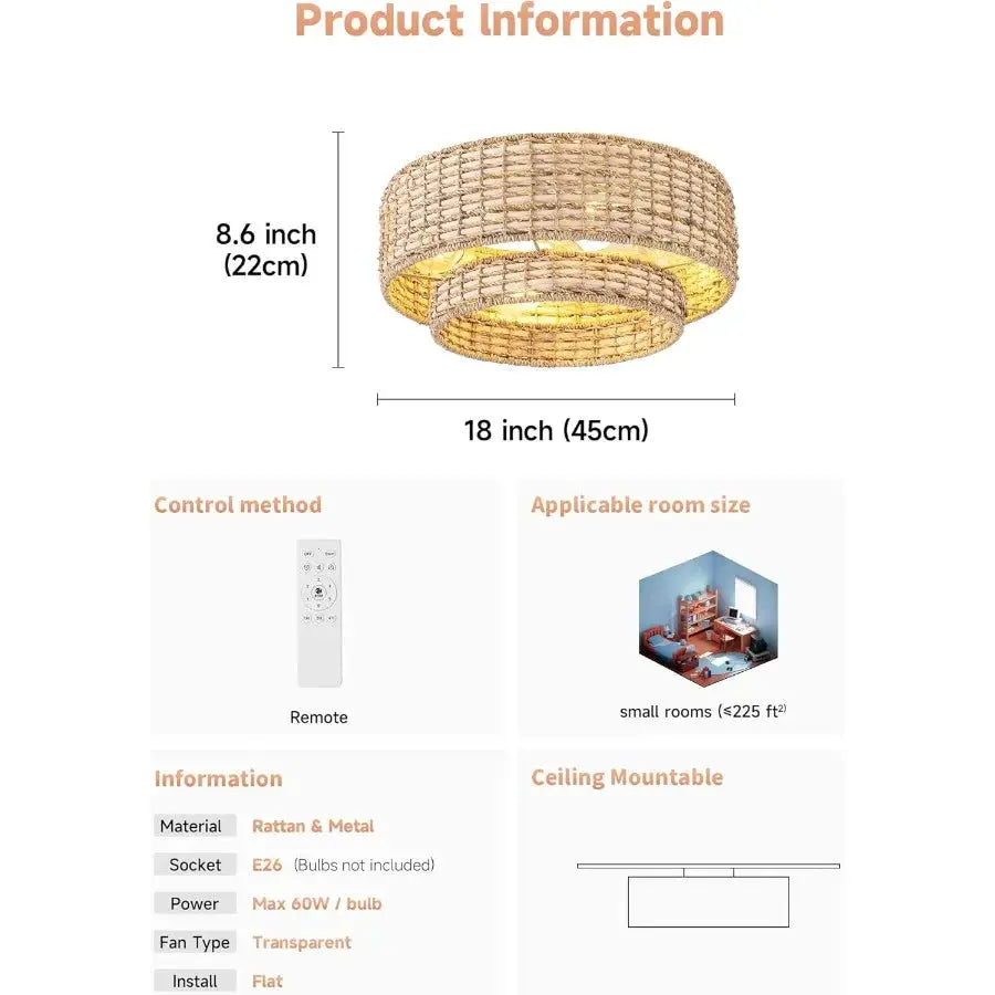 Boho Caged Ceiling Fans with Lights Flush Mount Layered Rattan Ceiling Fan with Light Remote Control with Reversible 6 Speeds f from PriceLows™