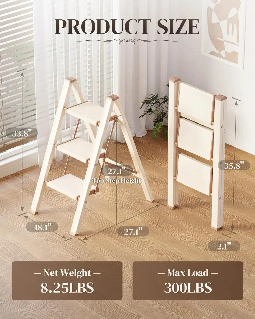 3 Step Ladder, Folding Step Stool with Wider Pedal, Anti-Slip Feet & Strips, Aluminum, 300Lbs Capacity, Cream Chocolate from PriceLows™