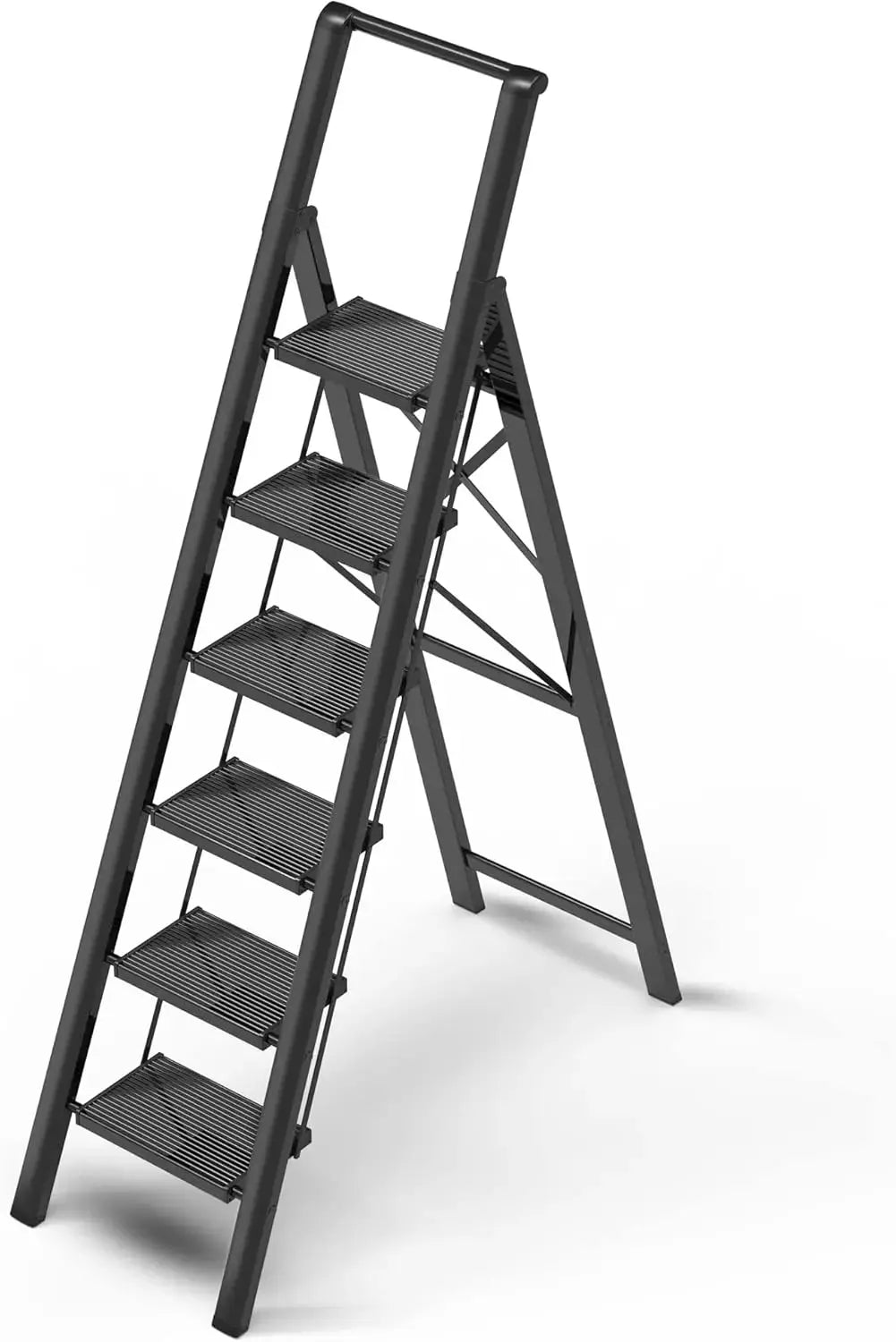 6 Step Ladder for 12 Ft Ceilings, Lightweight Aluminum Folding Stool with Handgrip, Anti-Slip Wide Pedal, Space Saving - Black from PriceLows™