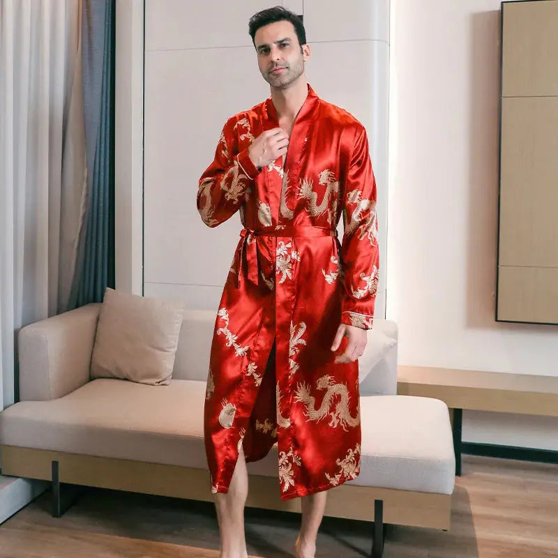 Men Satin Robe | Long Sleeve | Shawl Collar | Printed Design
