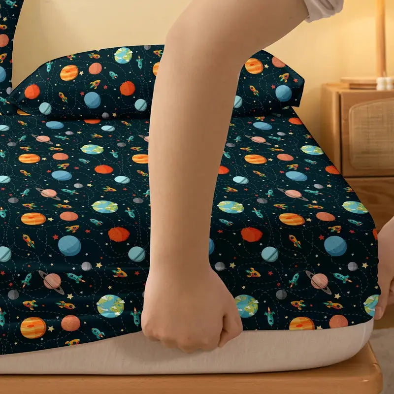 1 Cartoon Fun Printed Matte Fitted Sheet, Bedroom Printed Bed Cover, Bedding (Excluding Pillowcases) from PriceLows™