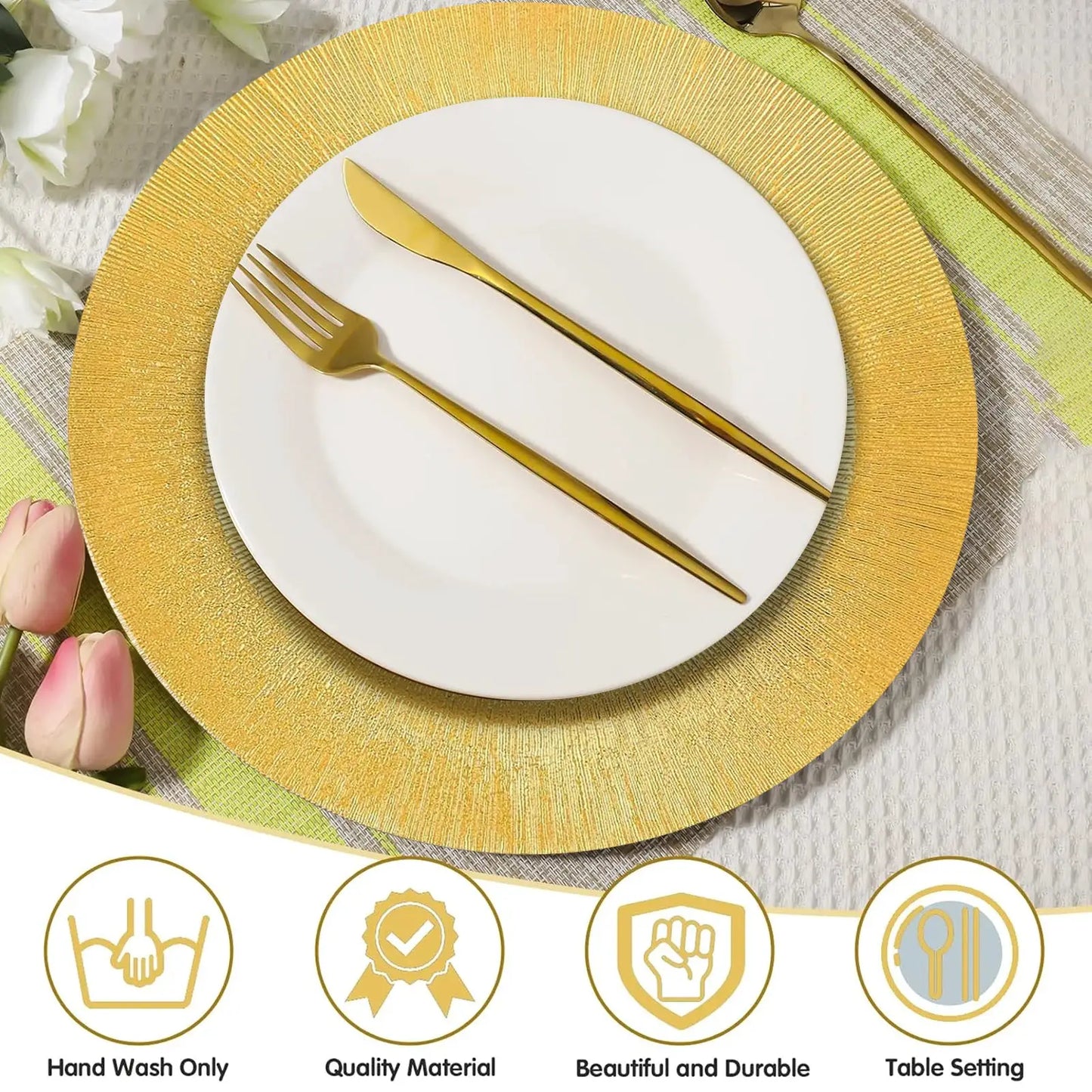 13 Inch Gold Chargers Plates, 100 Pieces Golden Charger Plate, Party Plate, Dinner Plate, Decorative Charger Plates, Tableware Dish for Wedding, Events, Holidays, Parties from PriceLows™