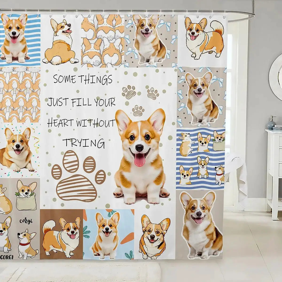 Kawaii Corgi Shower Curtain Kids Cute Dog Puppy Bath Curtain Girls Boys Women Men Buffalo Check Grid Geometric Bathroom Shower from PriceLows™