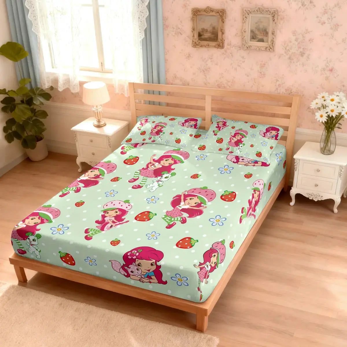 3pcs Pink Strawberry Girl Coreless Bed Sheet Set, Multi Size Bed Cover, Bedroom Bedding Decoration, Machine Washable from PriceLows™