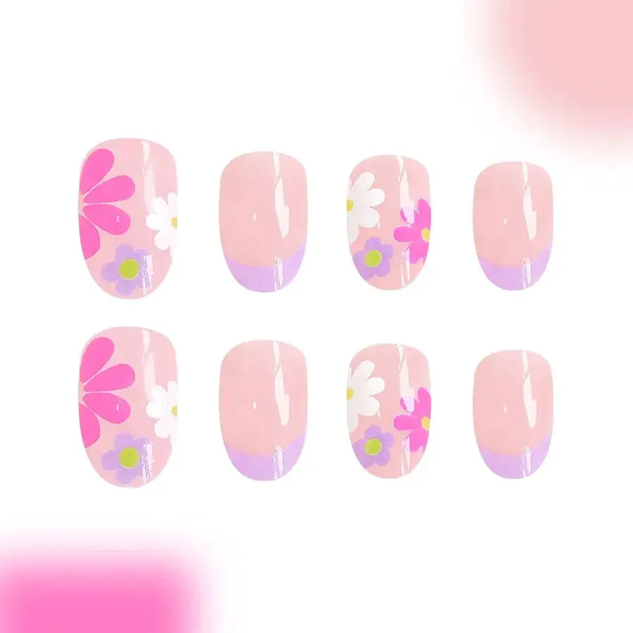 Short Almond Press On Nails | Pink Floral French | Reusable Full Cover | 24 Pcs
