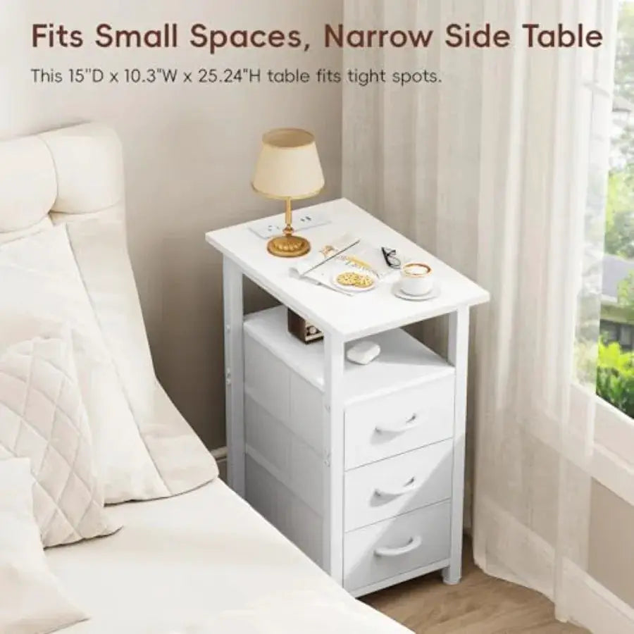 Nightstand with Charging Station and LED Lights, Narrow End Table, LED Nightstand with 3 Fabric Drawers for Bedroom, Small Beds from PriceLows™