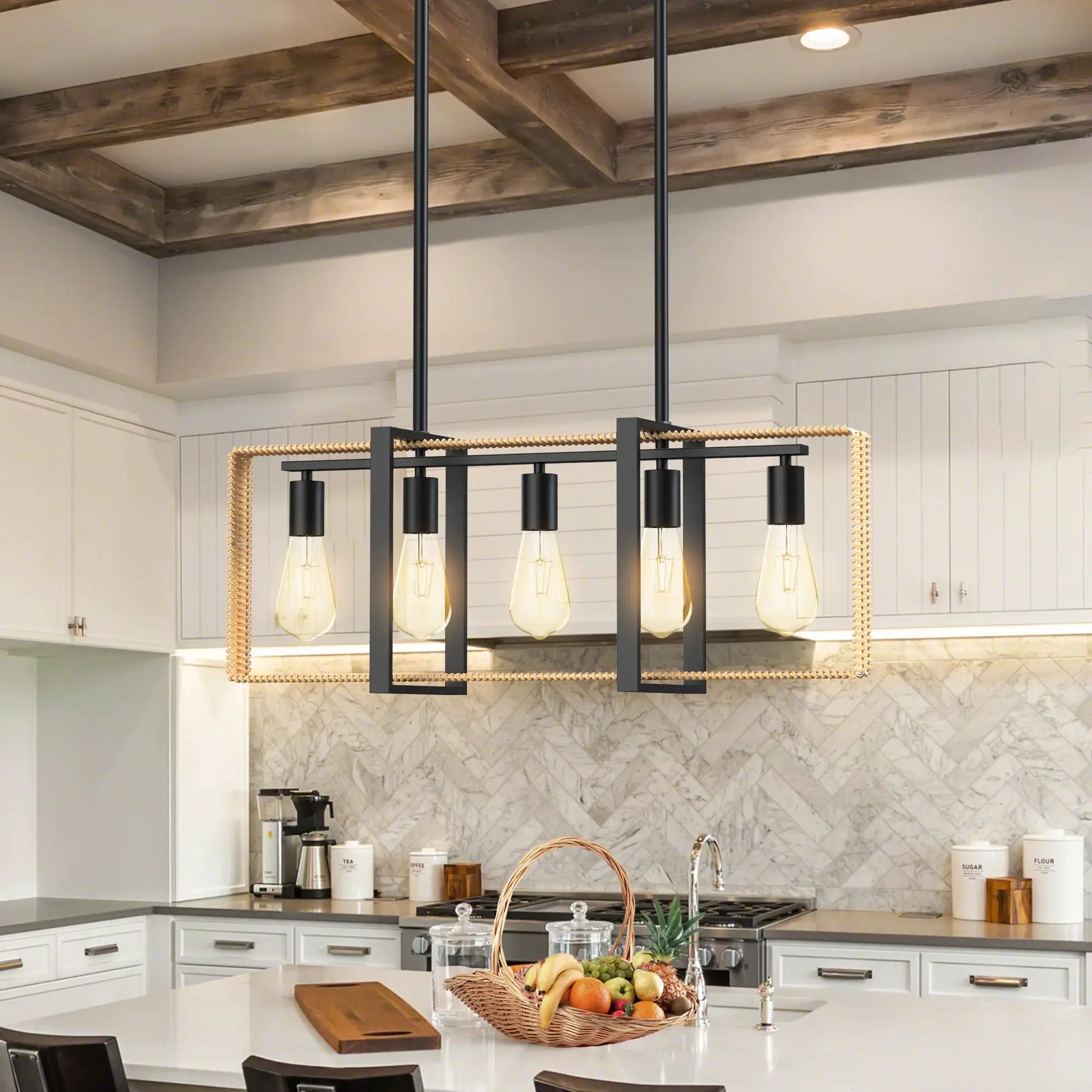 5 Lights Celling Light Fixture Rattan Pendant Height Adjustable Indoor Lighting for Farmhouse Dining Room Kitchen Home Decor from PriceLows™