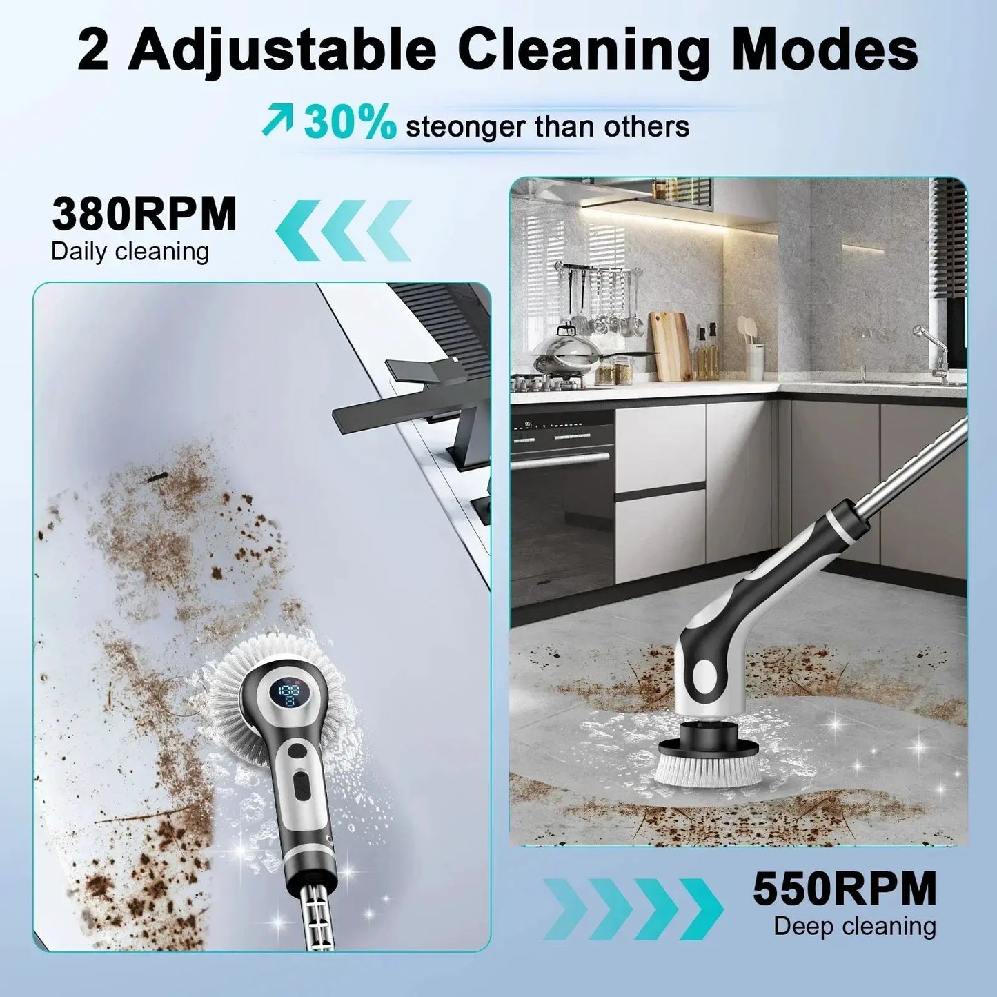 Electric Spin Scrubber | 9 Replaceable Brush Heads | 550 RPM | 3 Adjustable Size