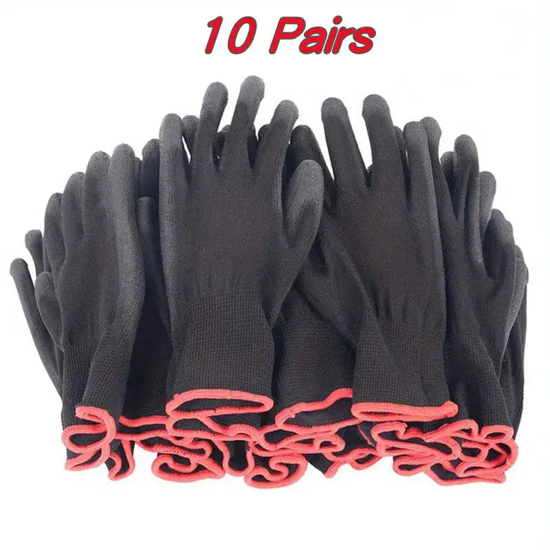 Durable Safety Gloves | Black Anti-Slip | Polyurethane Coated | 10 Pair Pack