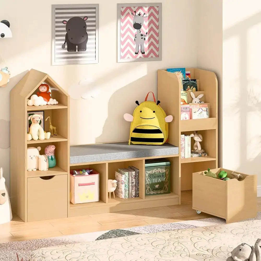 Children's Bookshelf with Reading Nook, Storage Organizer, Seat Cushion, 2 Movable Desks, 7 Storage Cubbies, Suitable for Playro from PriceLows™