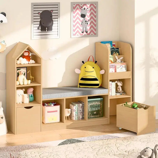 Children's Bookshelf with Reading Nook, Storage Organizer, Seat Cushion, 2 Movable Desks, 7 Storage Cubbies, Suitable for Playro from PriceLows™