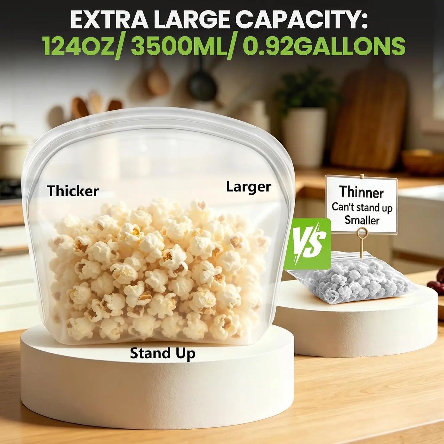 Silicone Food Storage Bags | 124oz Capacity | Stand Up Reusable Pouches | XL