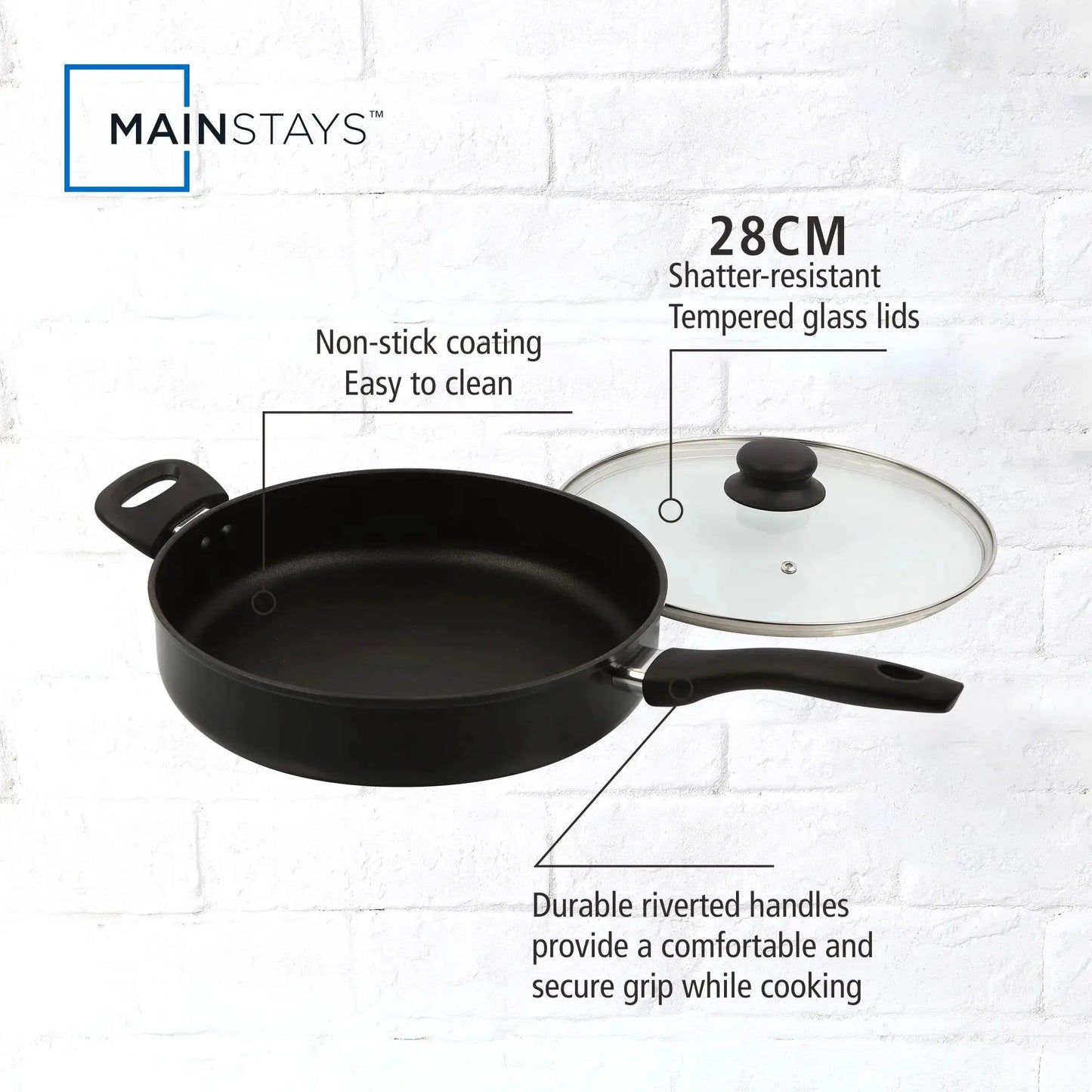 Non-Stick Frying Pan | 4 Quart Capacity | 28 cm Diameter | Glass Lid Included