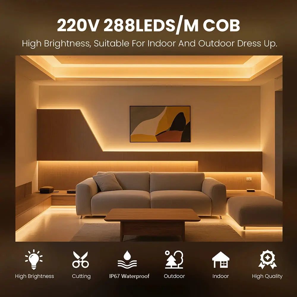 Dimmable 220V COB Led Strip Light ON/OFF Dimmer 288Leds/M Waterproof Flexible Neon Lamp EU Power Kit Warm White Red Home Decor from PriceLows™
