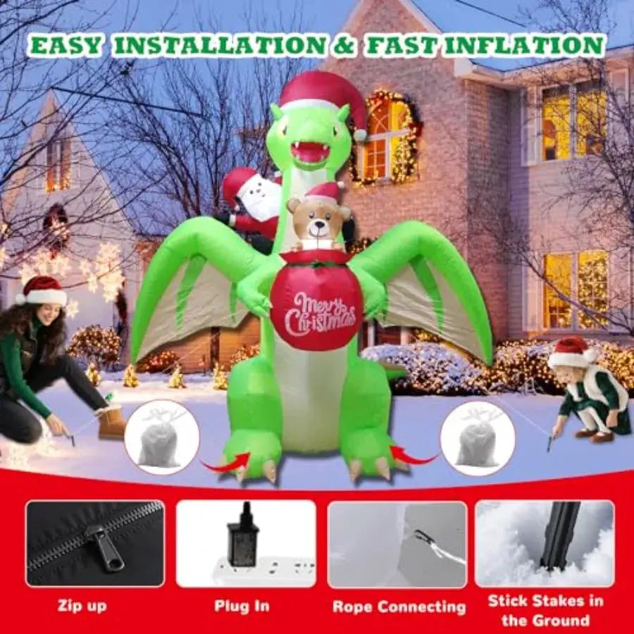 Dinosaur Inflatable | 9 Ft With Led Lights | Santa Riding Dinosaur