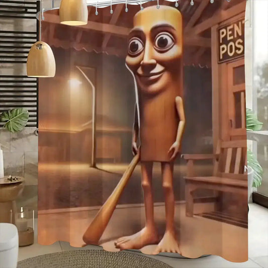 Tung Tung Tung Sahur Shower Curtain, Funny Wooden Stick Man, Meme Character Decor, Novelty Bathroom Art from PriceLows™