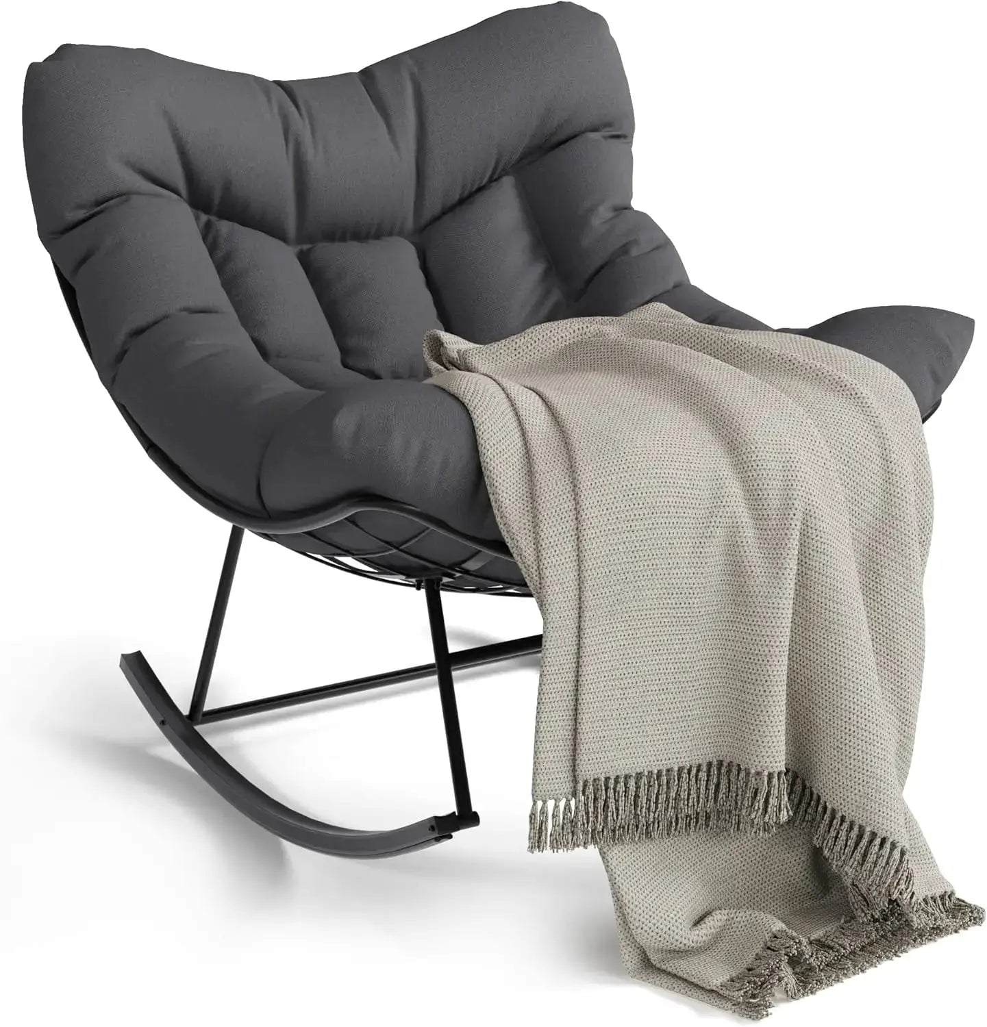 Outdoor Oversized Papasan Rocking Chair with Footrest, Patio Lounge Chair Rattan Egg Rocker for Balcony Backyard Porch Bedroom from PriceLows™