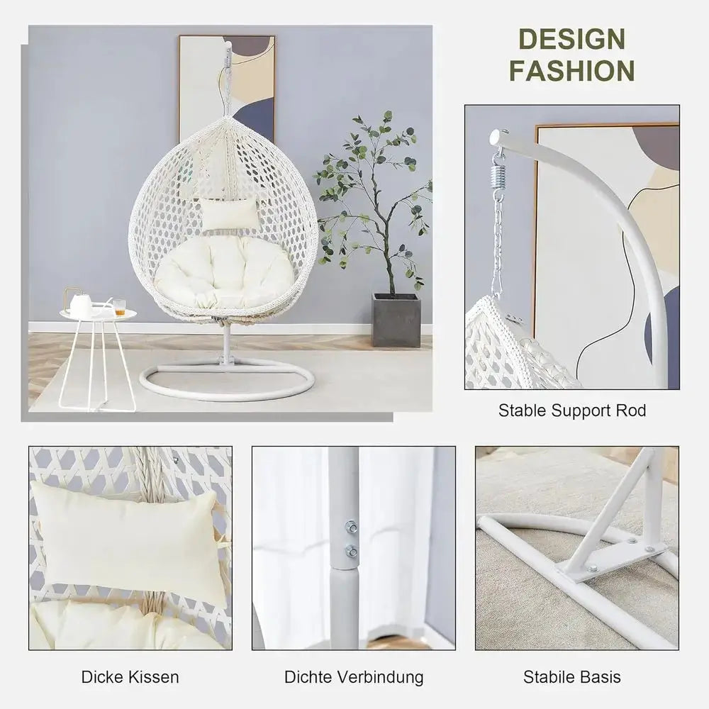 White Outdoor Indoor Hanging Egg Chair with Stand & Cushions, Perfect for Patio, Balcony, Backyard, and Living Spaces from PriceLows™