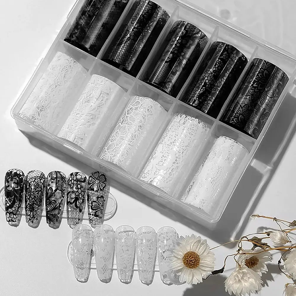 10rolls Mixed Black&White Lace Nail Transfer Foils Sticker Set Sexy Lace Flower Pattern Nail Stickers For women Manicure Decor#% from PriceLows™
